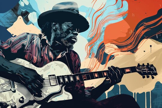 International Blues Music Day flat illustration  - diverse black musician playing at jam session in cozy venue, rhythm and vibe of the blues style
