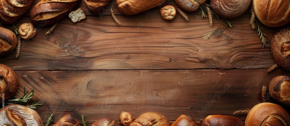 Fototapete Wooden border with fresh bread arranged for display, featuring a blank area for adding text or images within the frame of the photo. Copy space image. Place for adding text and design