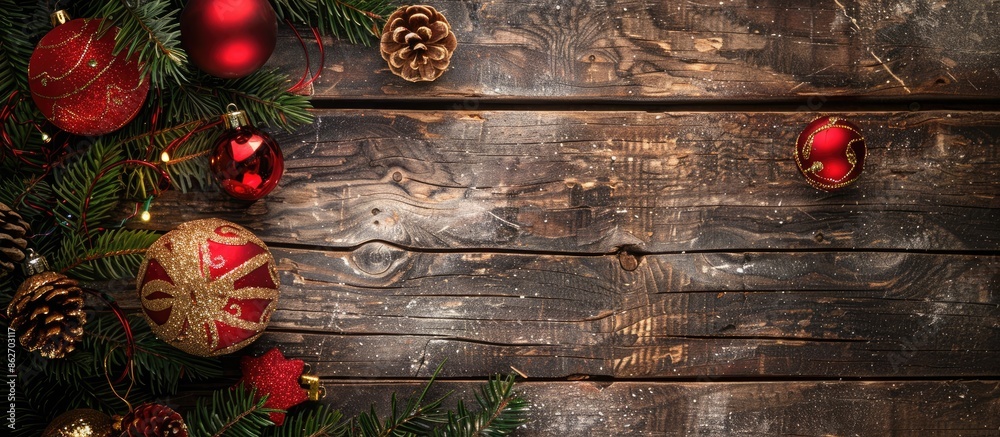 Poster top-down view of christmas ornaments on a wooden backdrop with copy space image.