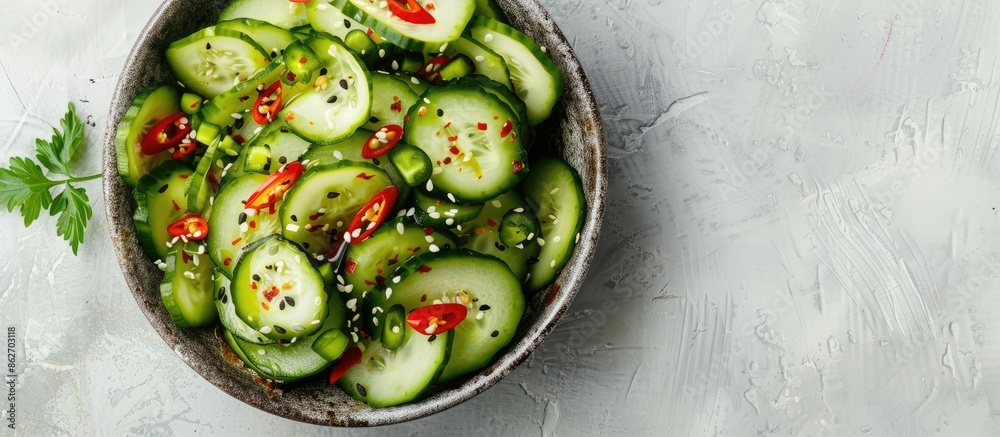 Poster top view of a chinese cucumber salad featuring chili peppers and sesame seeds against a plain backgr
