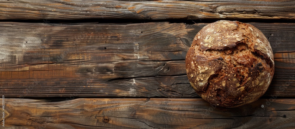 Poster a warm, freshly baked round of rye bread placed on a wooden surface with ample copy space image.