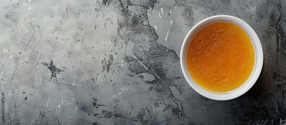 Poster a healthy food concept featuring a bowl of broth on a gray background captured from a top view with 