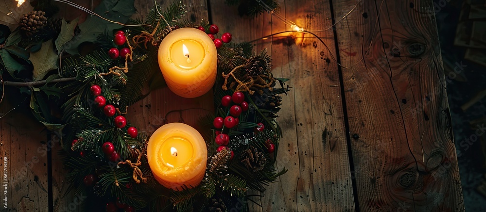 Aufkleber Top view of an advent wreath with two lit candles atop an antique wooden table, creating a cozy ambiance in the copy space image.