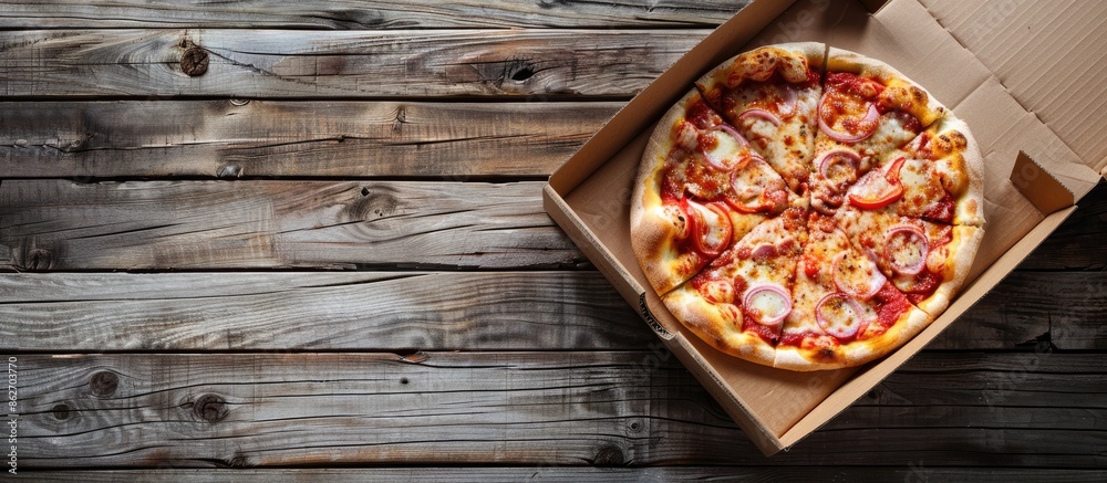 Poster top view of a pizza on a wooden surface in a cardboard box with ample copy space image, showcasing t