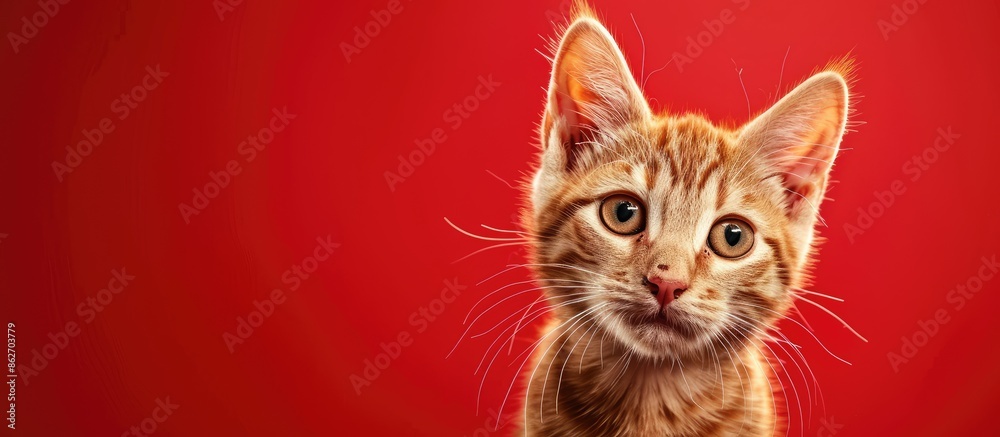 Poster Close-up of an adorable ginger cat against a red backdrop with copy space image.