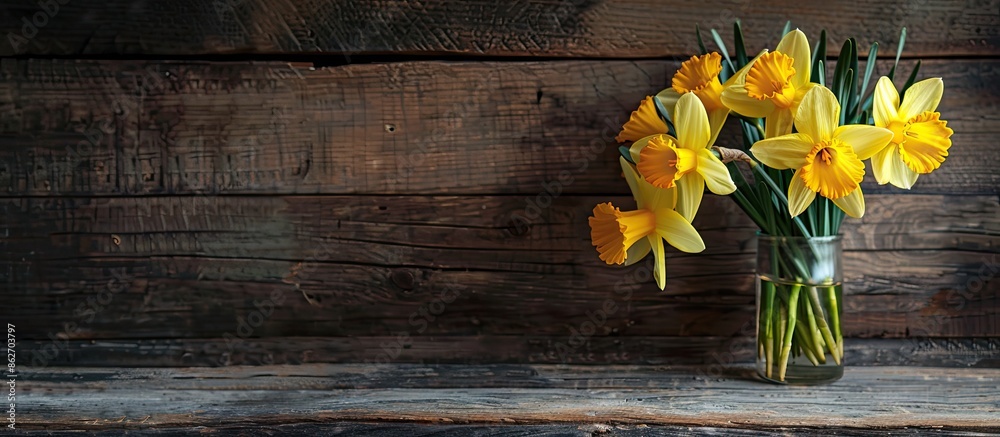 Poster Daffodil flowers placed on an aged wooden table with empty space for a photo. Copy space image. Place for adding text and design