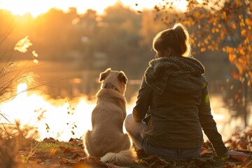 World Pet Memorial Day - person with a dog siting at sunset in nature near lake