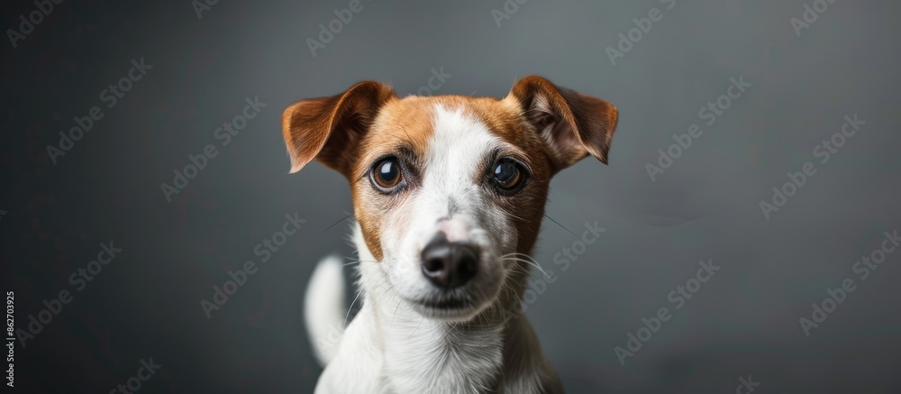 Poster a one-year-old jack russell terrier posing in front of a gray backdrop in a copy space image.