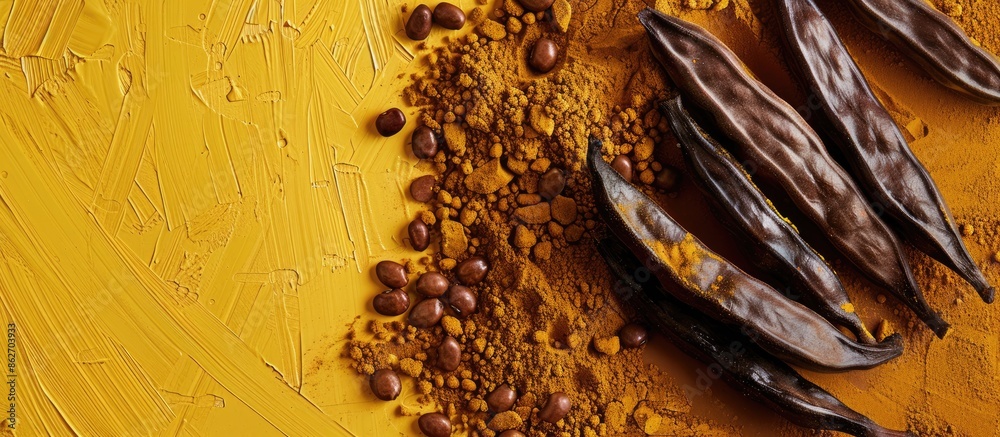 Aufkleber Top view of carob beans and powder on a yellow or brown background with room for text or adding images. Copy space image. Place for adding text and design