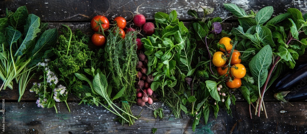 Poster a top-down view of freshly harvested vegetables and herbs from a local farm displayed on a rustic wo