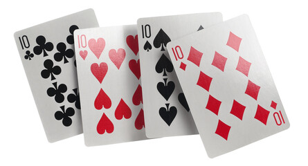 Flying playing cards for poker and gambling, four tens isolated on white, clipping path
