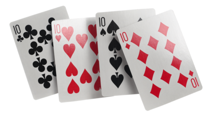 Flying playing cards for poker and gambling, four tens isolated on white, clipping path