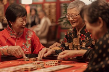 diverse senior asian people playing Mahjong board game

