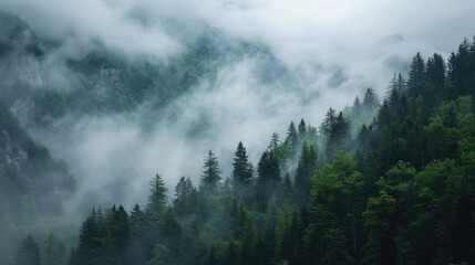 Misty foggy mountain landscape with fir forest