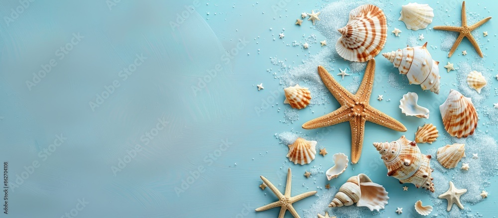 Aufkleber summer themed flat lay with a starfish and seashells arranged on a soft blue background. top view wi