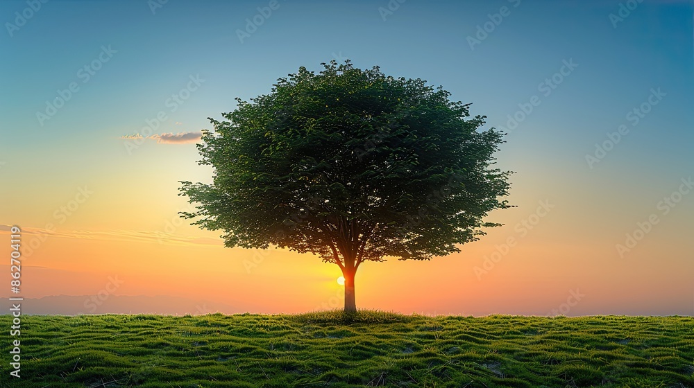 Sticker A panoramic image depicting a single tree growing under a cloudless sky at sunset, surrounded by grass.   