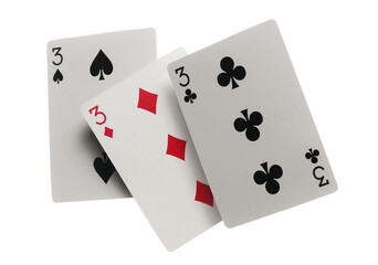 Flying playing cards for poker and gambling, set three triples isolated on white, clipping path