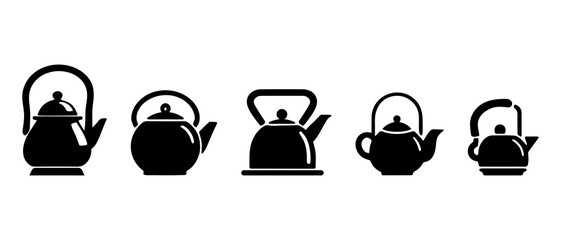 Kitchen kettles silhouette black filled vector Illustration icon. kitchen utensils silhouettes. Kitchen tools set. Cook accessories vector.