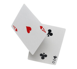 Flying playing card for poker and gambling, ace and deuce card isolated on white, clipping path
