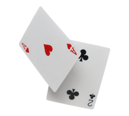 Flying playing card for poker and gambling, ace and deuce card isolated on white, clipping path