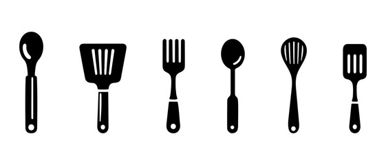 Kitchen spoon silhouette black filled vector Illustration icon. kitchen utensils silhouettes. Kitchen tools set. Cook accessories vector.