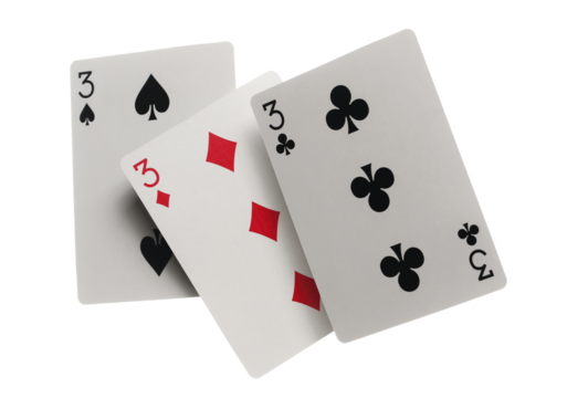 Flying playing cards for poker and gambling, set three triples isolated on white, clipping path
