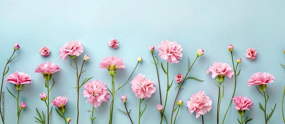 Aufkleber Flat lay view of pink flowers arranged on a soft blue backdrop with copy space image.