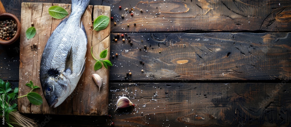 Poster wooden background with a raw dorado fish on a board, perfect for use as a copy space image.