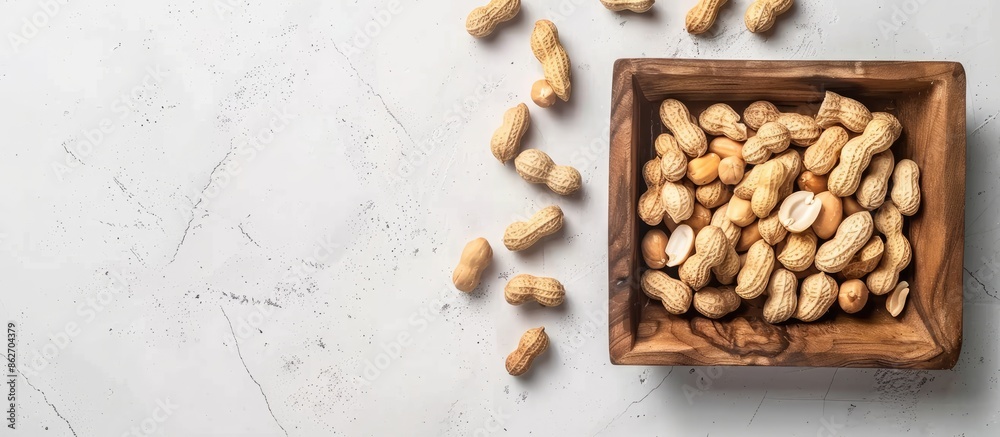 Aufkleber A wooden tray filled with peanuts in shells on a white background, with blank space on the right for text or images; ideal for copy space image.