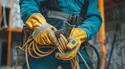 A man in a blue jacket and yellow gloves is holding a wire