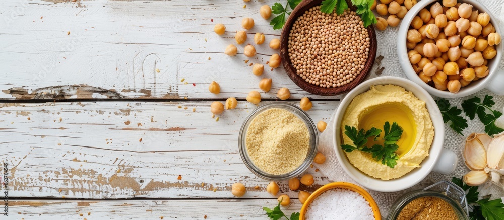 Poster ingredients for hummus including chickpeas and sesame seeds displayed on a white wooden table with a