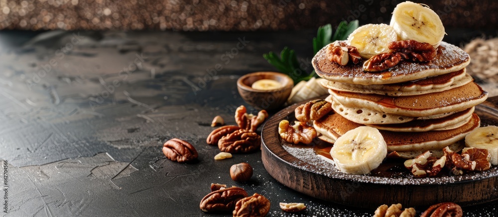 Poster Walnut and banana pancakes displayed on a table with copy space image.
