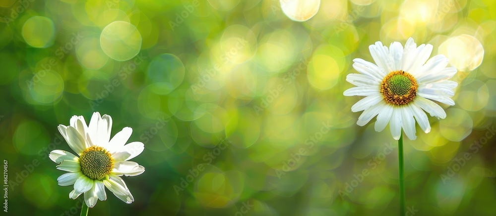 Poster Close-up of a daisy flower with a blurred green background, creating a layered effect with selective focus on the flower. Copy space image included.