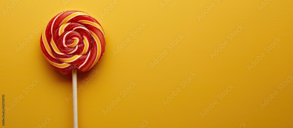 Poster damaged lollipop against yellow backdrop with copy space image.
