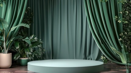 Green podium background fabric product curtain cloth cosmetic display 3D premium stand. Generative AI