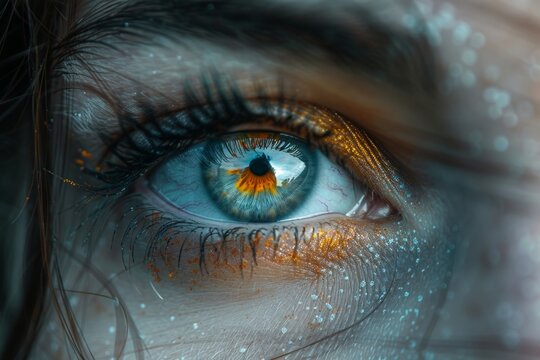 A detailed close-up of a blue-green eye featuring intricate and artistic makeup design, with flecks of orange and abstract elements, making it a striking visual.