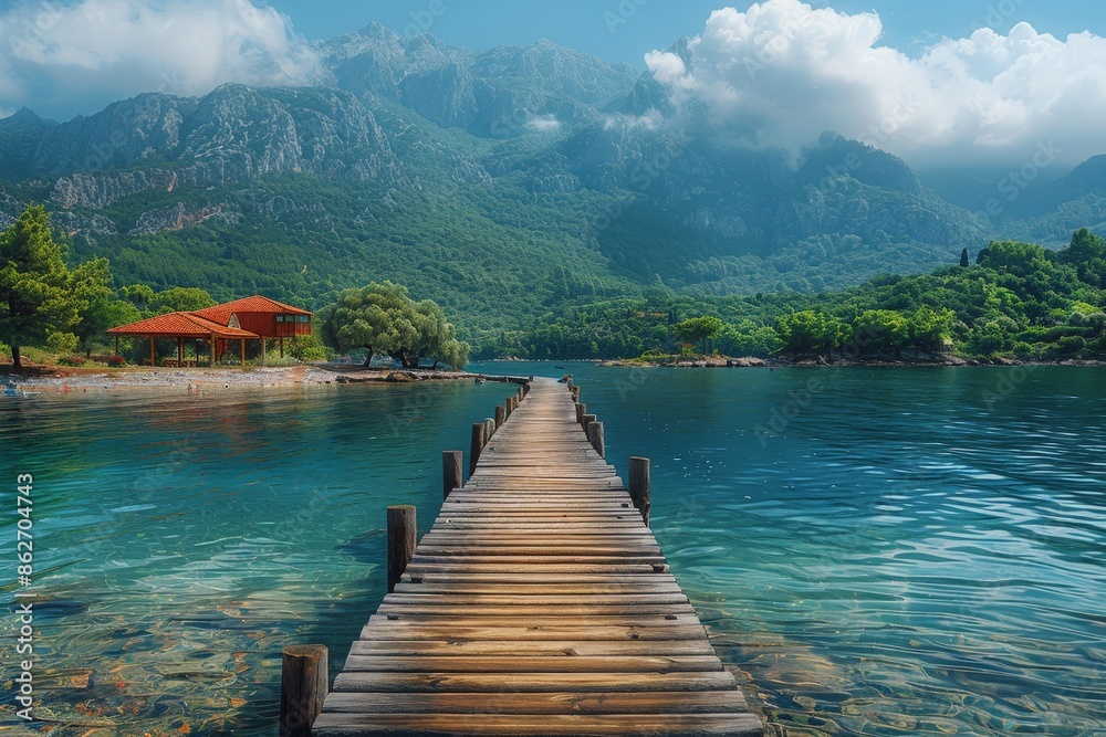 Wall mural a stunning wooden pier stretching into a crystal-clear lake surrounded by lush green mountains and a