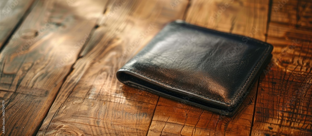 Poster Leather wallet in black color displayed on a table made of wood, with space for adding images. Copy space image. Place for adding text and design
