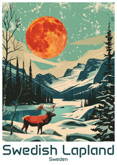 Swedish Lapland Poster Illustration Travel Print Decor Gift Paper Canvas Wall Retro Art