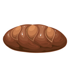 Rye bread, cartoon brown loaf with cuts at top. Fresh brown rustic oval bread, bakery products mascot. Cartoon gourmet cereal food snack, bread for breakfast, lunch and dinner vector illustration