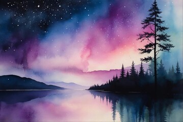 Mesmerizing watercolor painting of an aurora borealis with pastel hues, tranquil lake, and dark tree silhouettes creating a dreamlike scene.