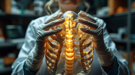 Doctor in gloves holding a glowing wooden scapula model with the acromion and glenoid cavity with a focused expression