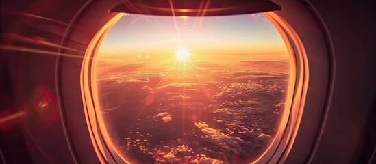 Fototapeta premium A stunning sunrise seen through an airplane window with a captivating vista, including a vast landscape below, creating a serene copy space image.