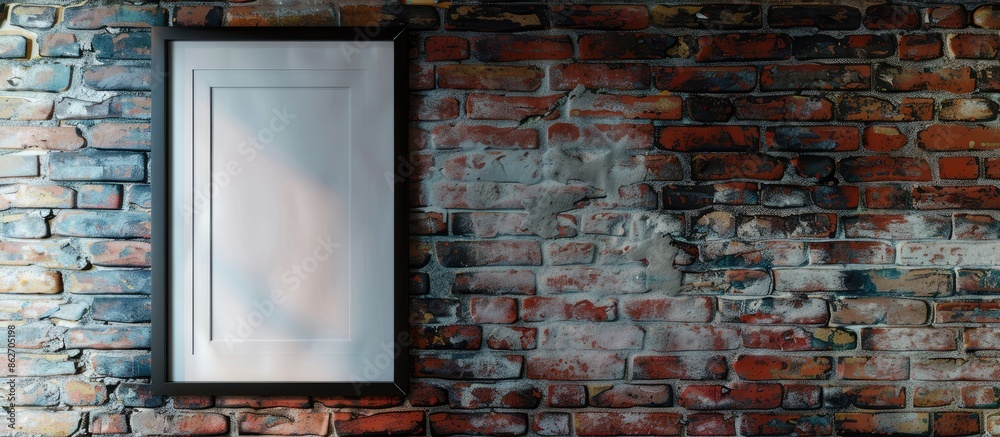 Poster a picture frame hanging on a textured brick wall with copy space image.