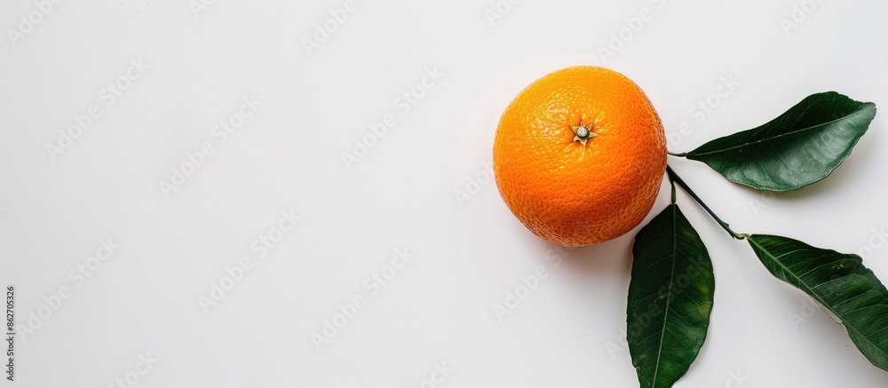 Poster a picture of an orange with leaves against a white backdrop featuring ample copy space image.