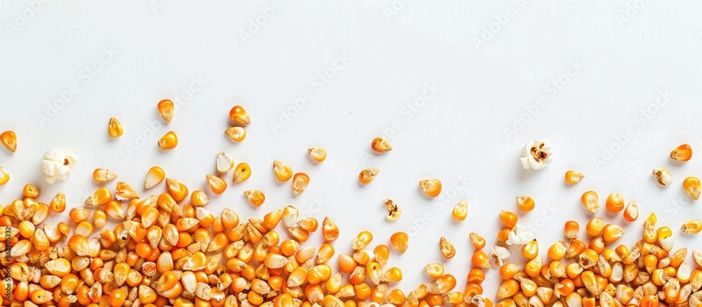 Poster Top-down view of dried corn kernels on a white background, perfect for popcorn, with ample copy space image available.