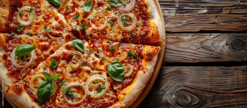 Aufkleber delectable pizza topped generously with kasseri cheese and onion slices, showcased in a copy space i
