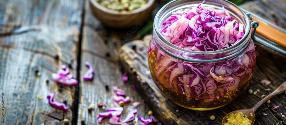 Poster close-up of delicious homemade fermented cabbage on a wooden surface with copy space image.