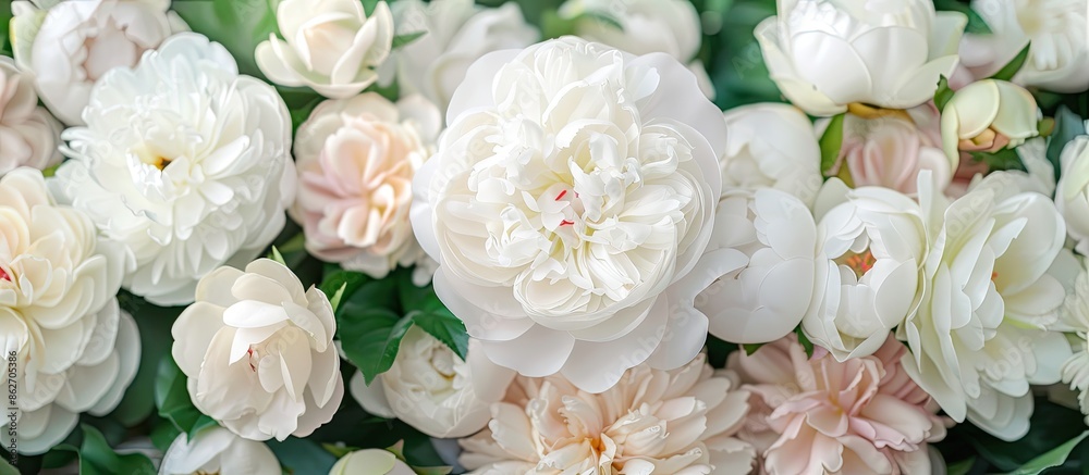 Aufkleber Blooming white peonies and roses in a garden with floral wallpaper. Modern color scheme symbolizing love. Ideal for a card or text with ample copy space image.