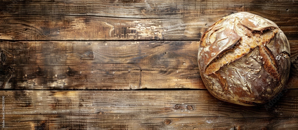 Poster a warm, freshly baked round of rye bread placed on a wooden surface with ample copy space image.